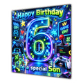 Son 6th Birthday Card Neon Gaming Controller Level Up