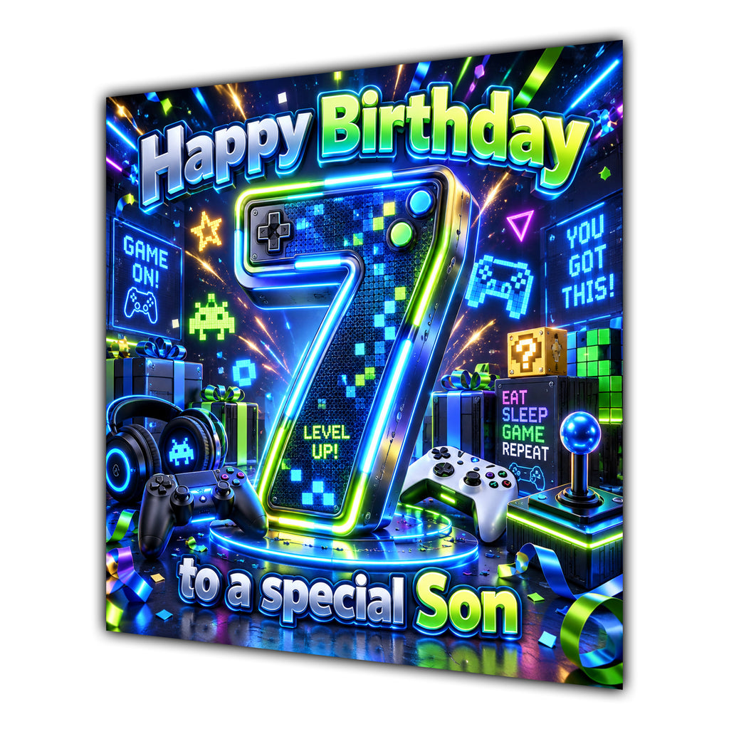 Son 7th Birthday Card Neon Gaming Controller Level Up