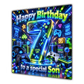 Son 7th Birthday Card Neon Gaming Controller Level Up