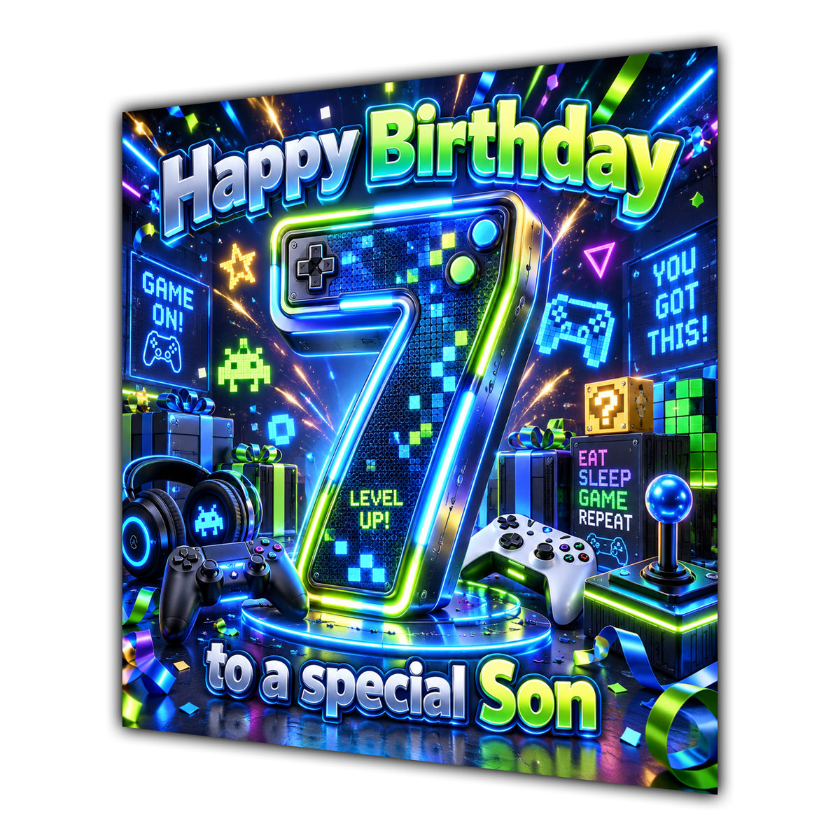 Son 7th Birthday Card Neon Gaming Controller Level Up