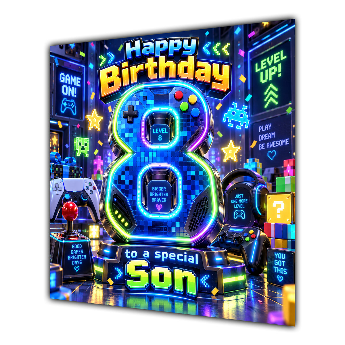 Son 8th Birthday Card Neon Gaming Controller Level Up