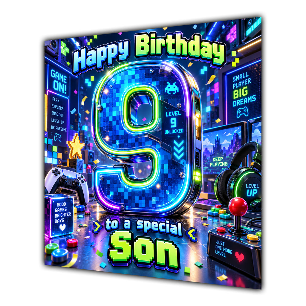 Son 9th Birthday Card Neon Gaming Controller Level Up