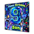 Son 9th Birthday Card Neon Gaming Controller Level Up