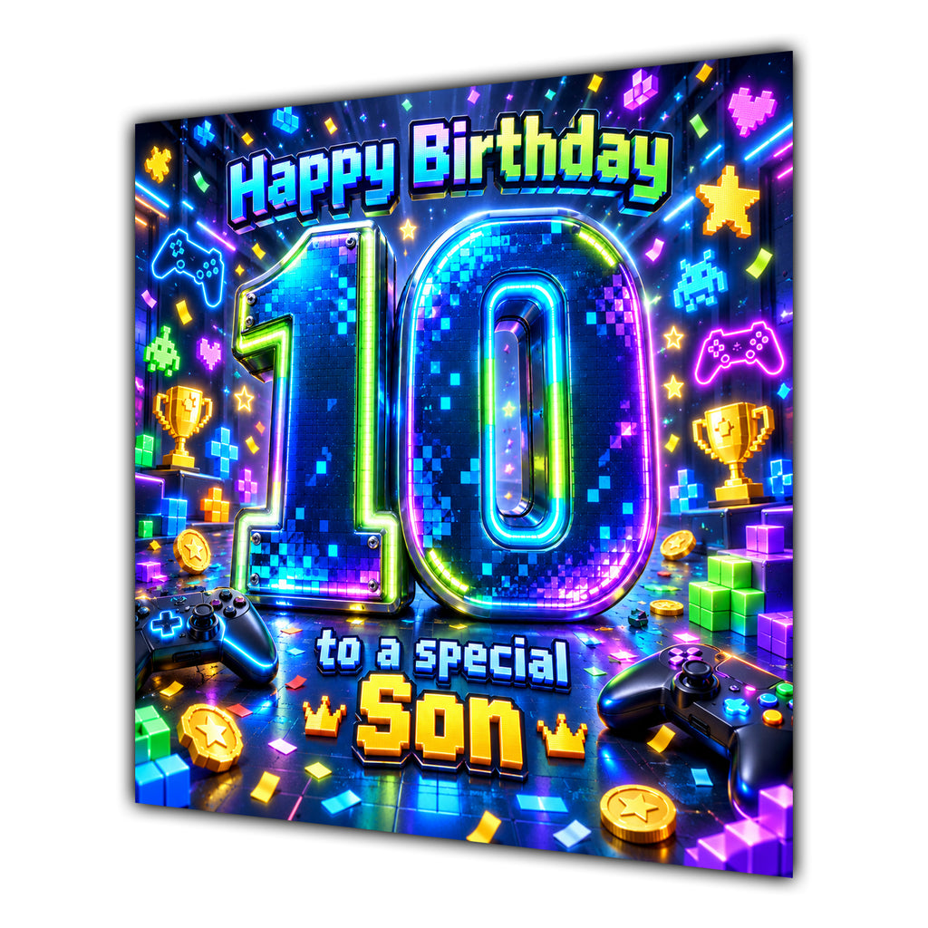 Son 10th Birthday Card Neon Gaming Controller Level Up