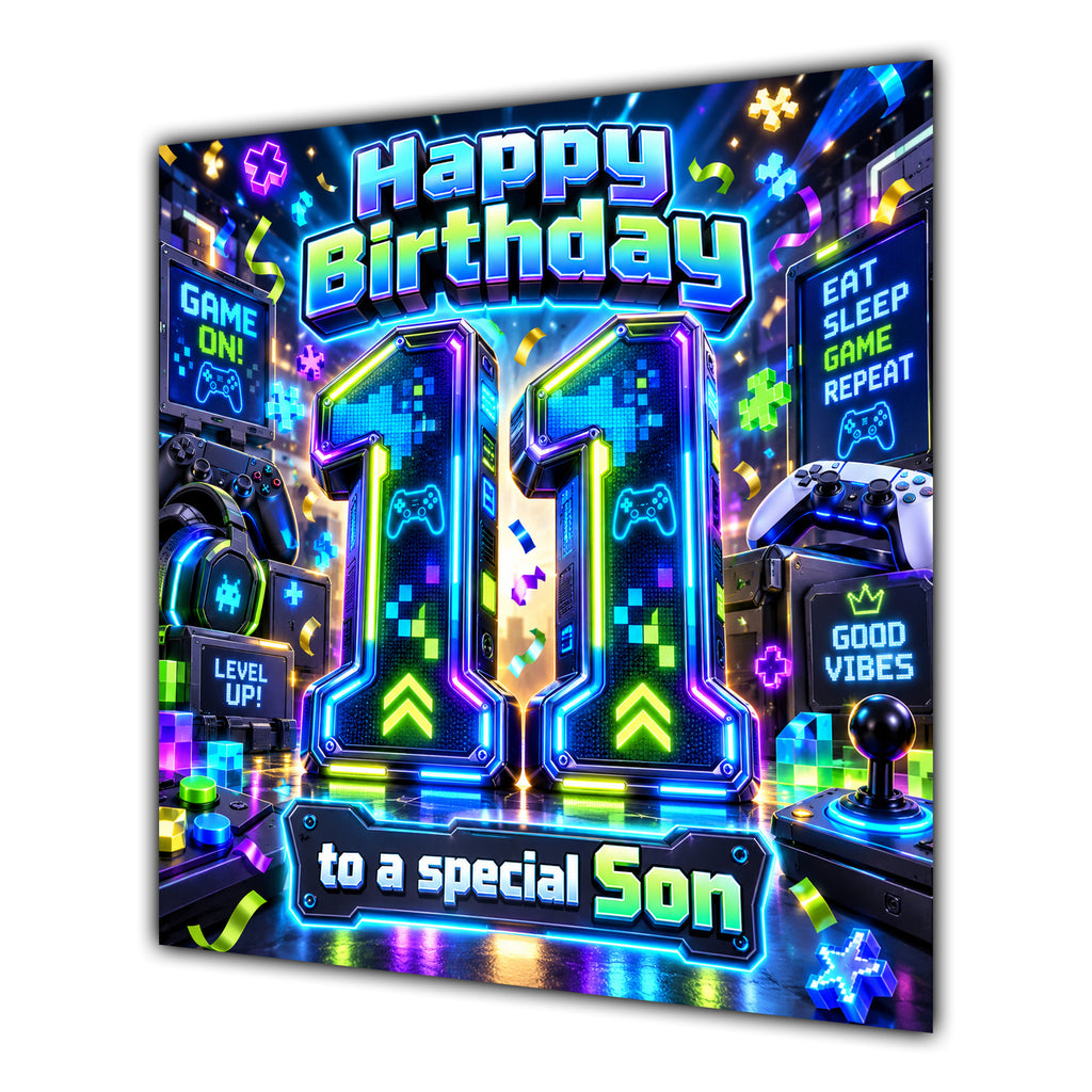 Son 11th Birthday Card Neon Gaming Controller Level Up