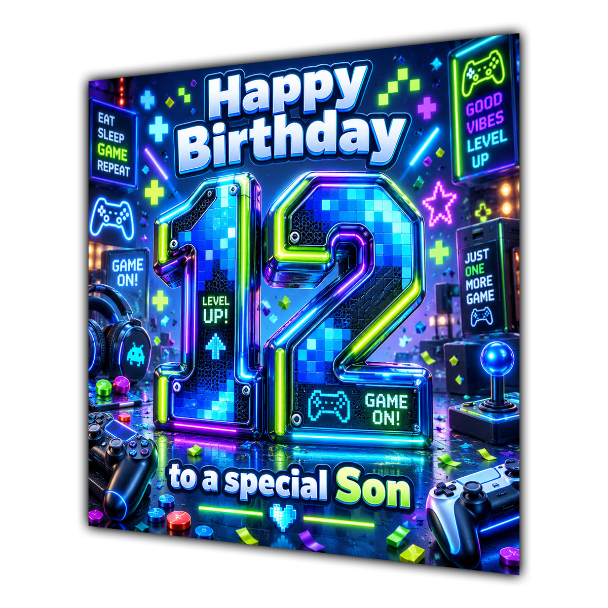 Son 12th Birthday Card Neon Gaming Controller Level Up