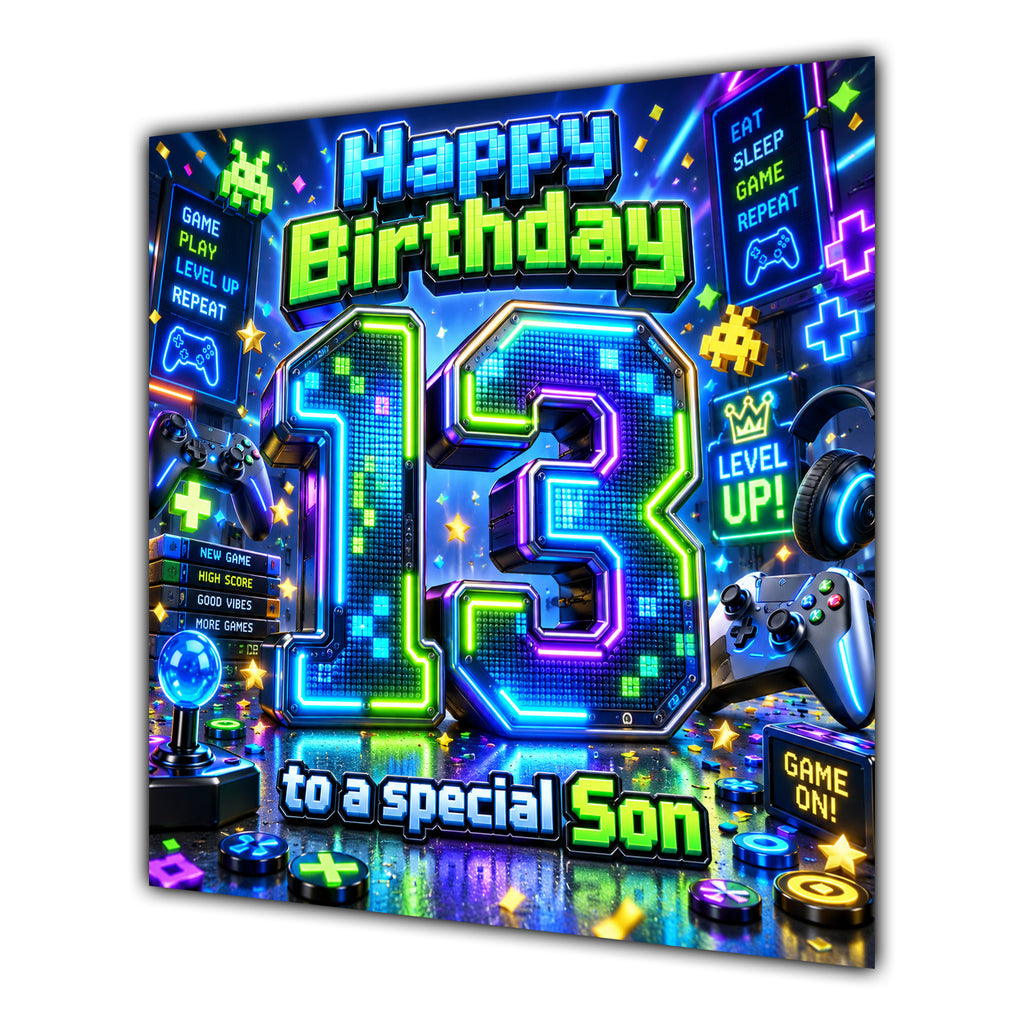 Son 13th Birthday Card Neon Gaming Controller Level Up