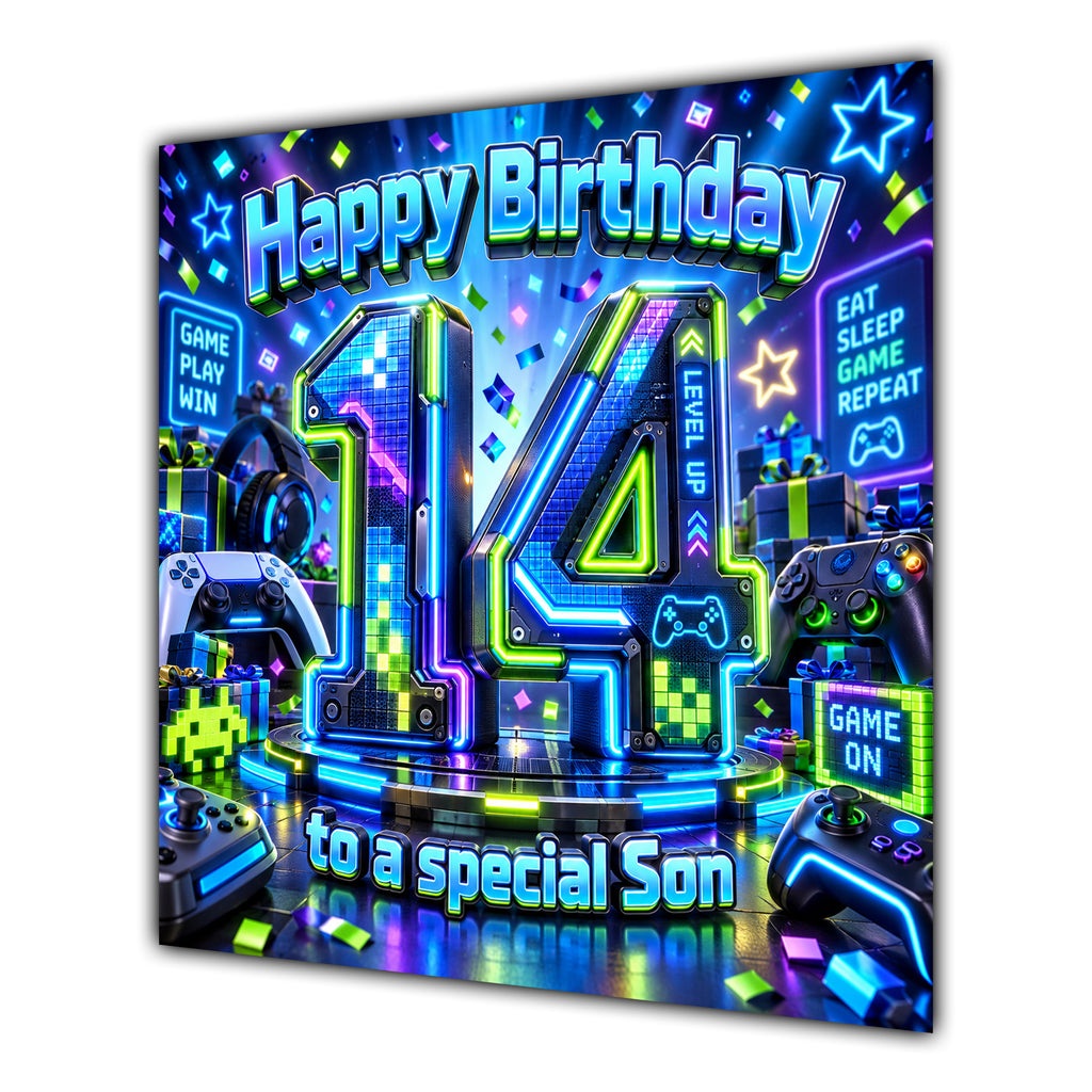Son 14th Birthday Card Neon Gaming Controller Level Up