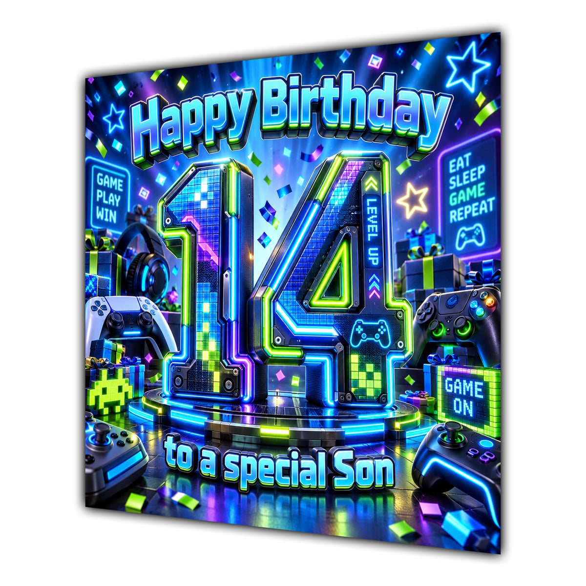 Son 14th Birthday Card Neon Gaming Controller Level Up