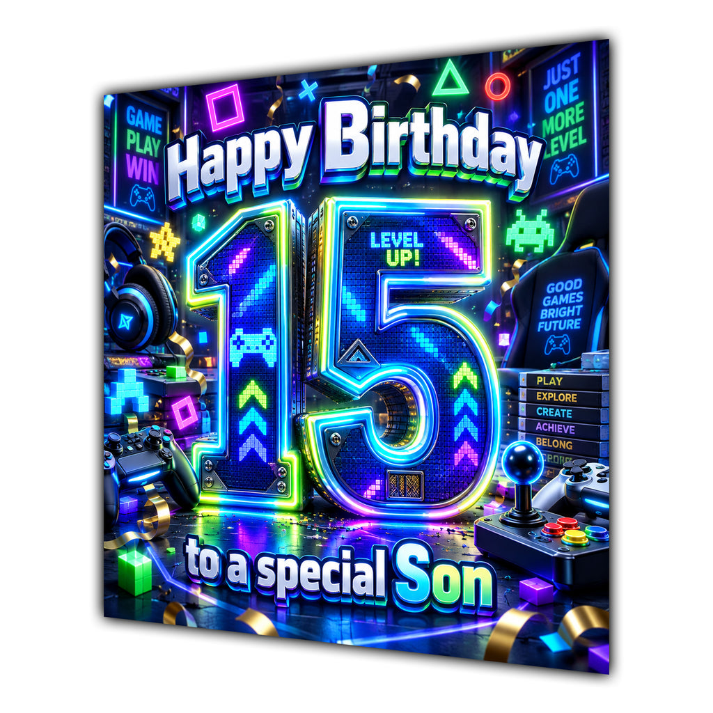 Son 15th Birthday Card Neon Gaming Controller Level Up