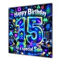 Son 15th Birthday Card Neon Gaming Controller Level Up