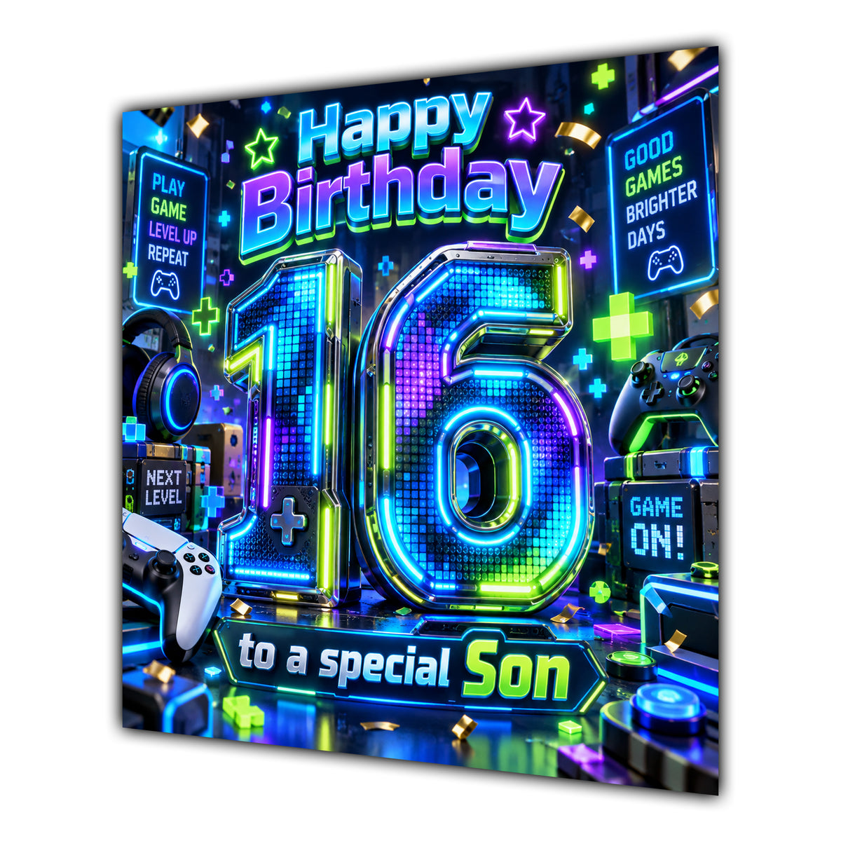 Son 16th Birthday Card Neon Gaming Controller Level Up