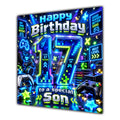 Son 17th Birthday Card Neon Gaming Controller Level Up