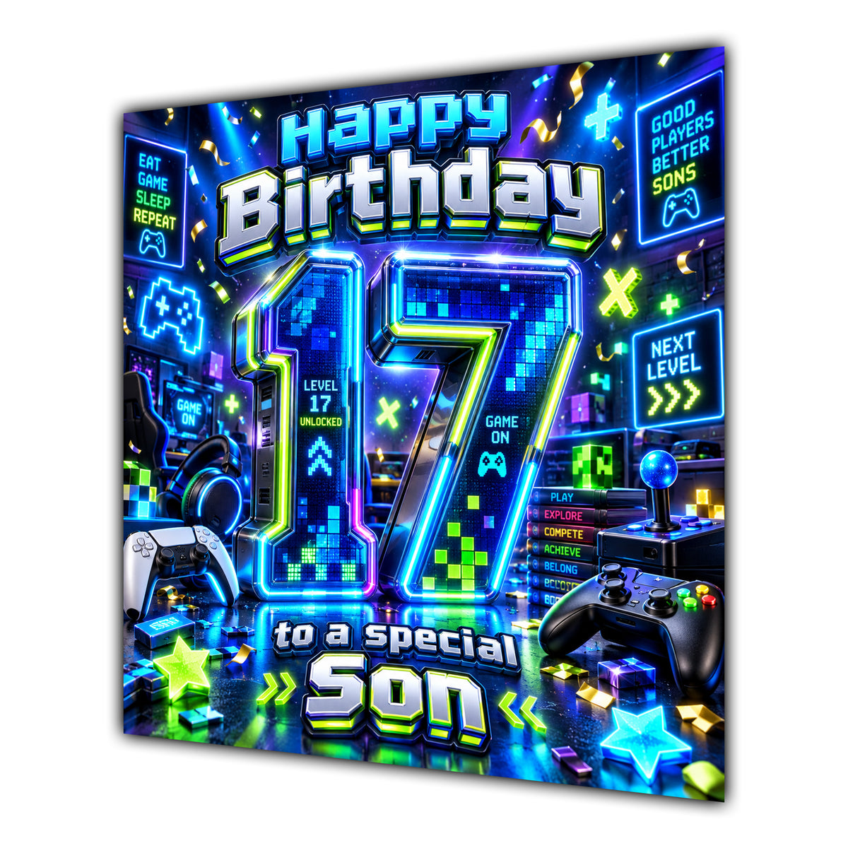 Son 17th Birthday Card Neon Gaming Controller Level Up