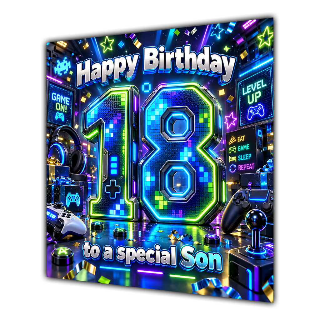 Son 18th Birthday Card Neon Gaming Controller Level Up