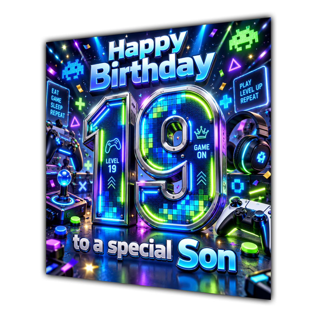 Son 19th Birthday Card Neon Gaming Controller Level Up