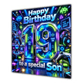 Son 19th Birthday Card Neon Gaming Controller Level Up