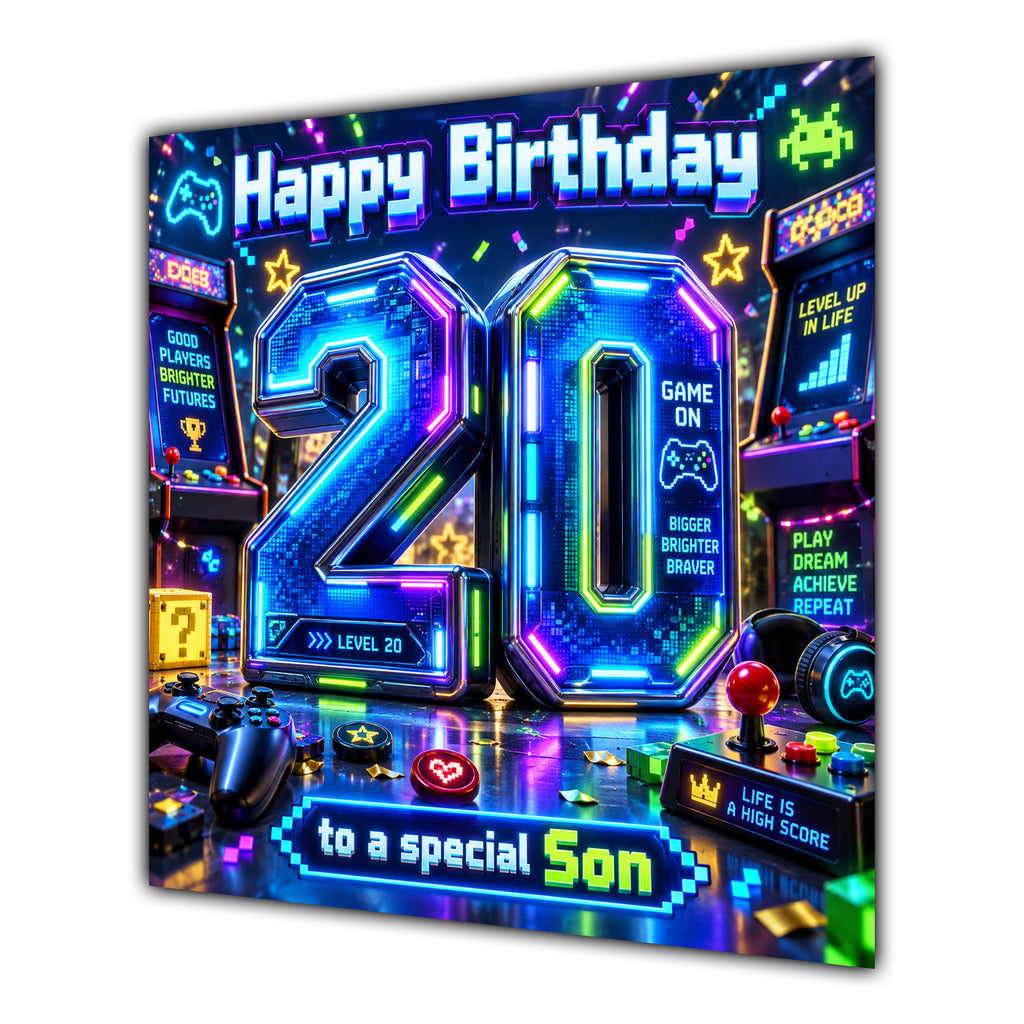 Son 20th Birthday Card Neon Gaming Controller Level Up