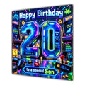 Son 20th Birthday Card Neon Gaming Controller Level Up