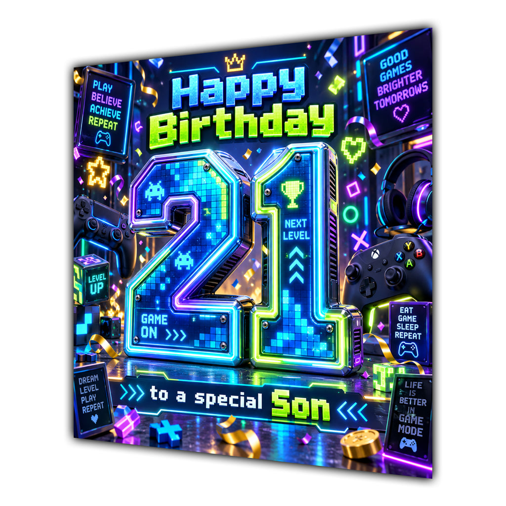 Son 21st Birthday Card Neon Gaming Controller Level Up