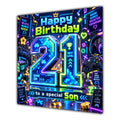 Son 21st Birthday Card Neon Gaming Controller Level Up