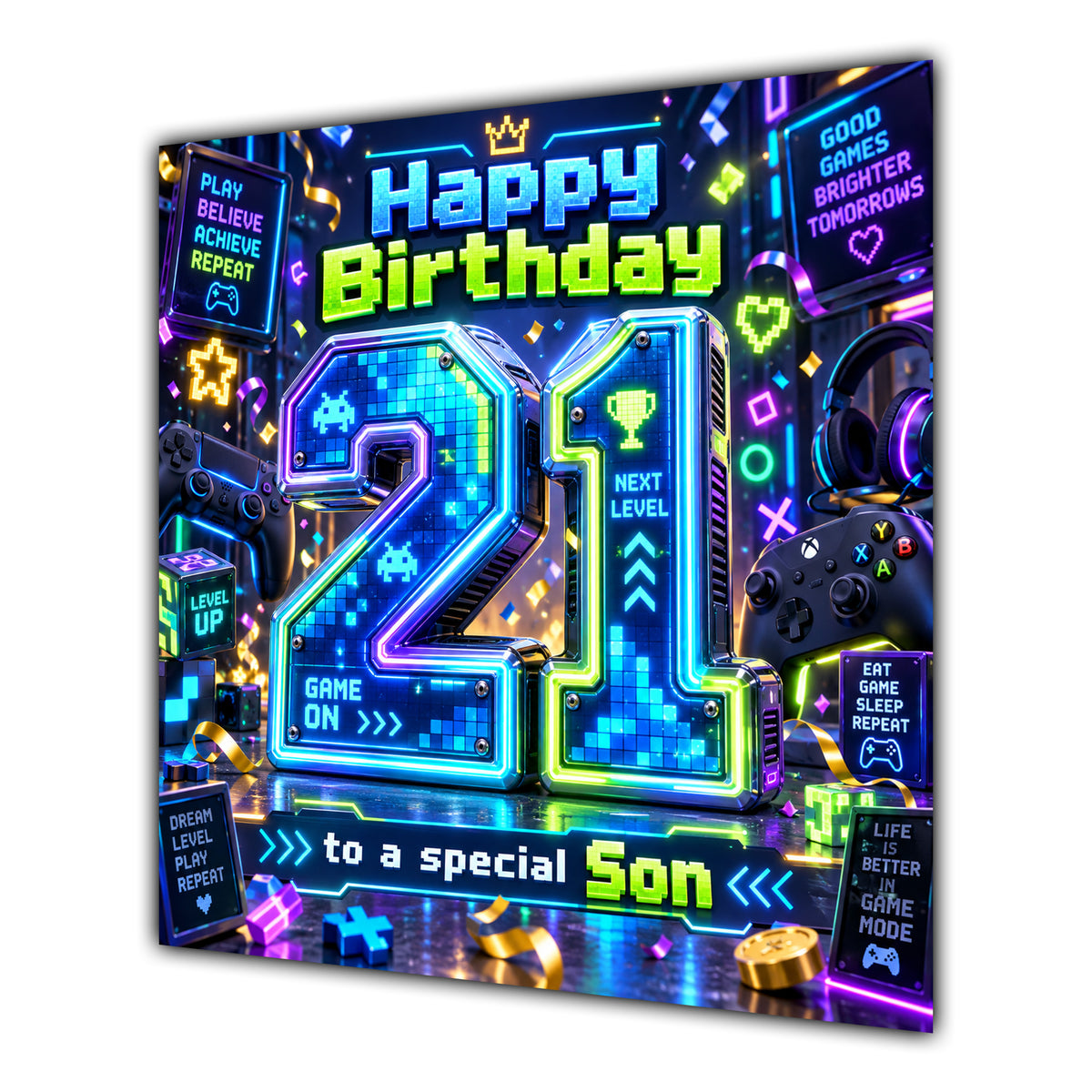 Son 21st Birthday Card Neon Gaming Controller Level Up