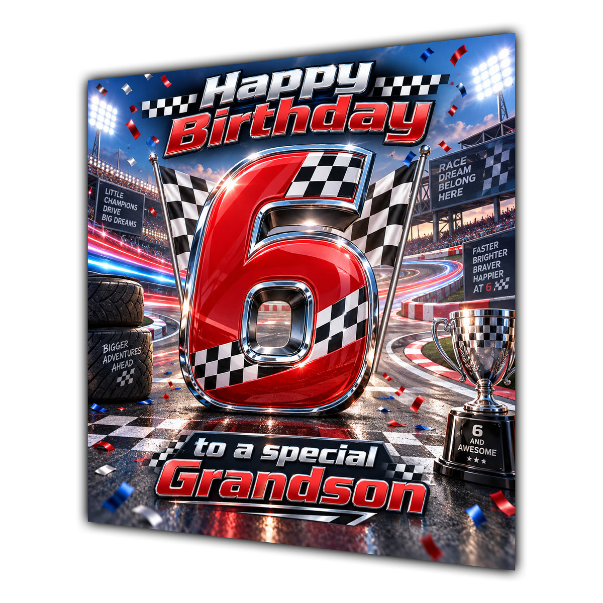 Grandson 6th Birthday Card Racing Cars Chequered Flags