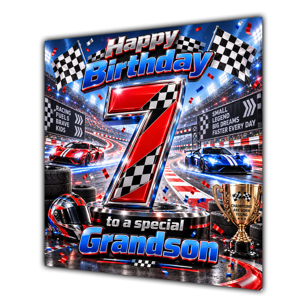 Grandson 7th Birthday Card Racing Cars Chequered Flags