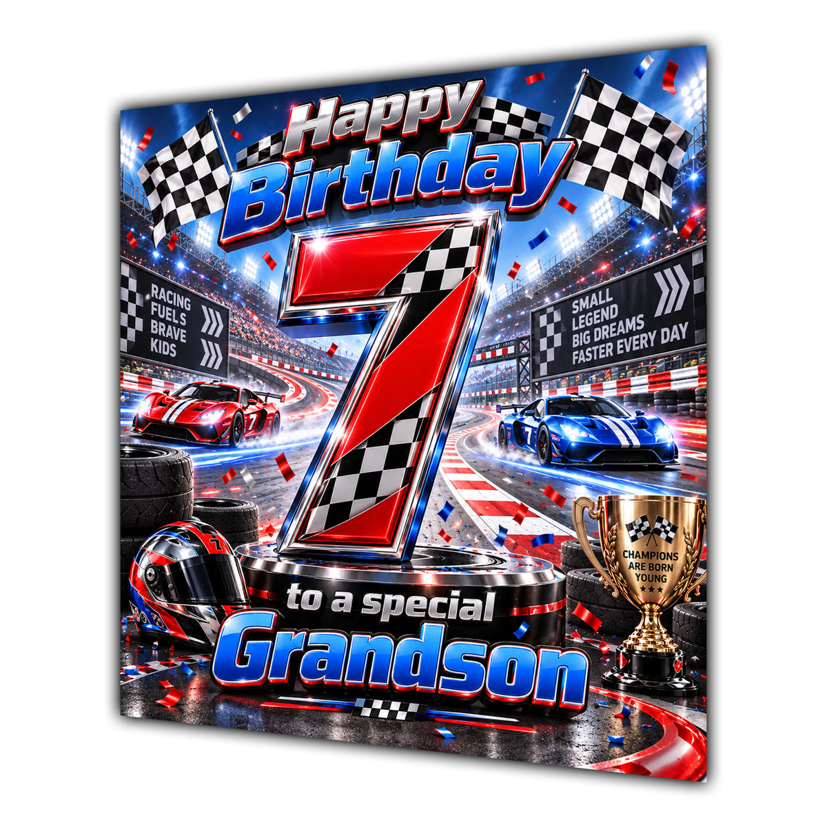 Grandson 7th Birthday Card Racing Cars Chequered Flags