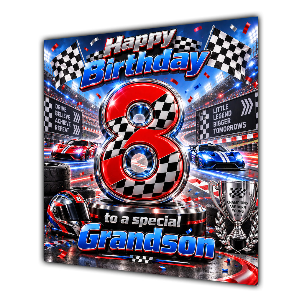 Grandson 8th Birthday Card Racing Cars Chequered Flags