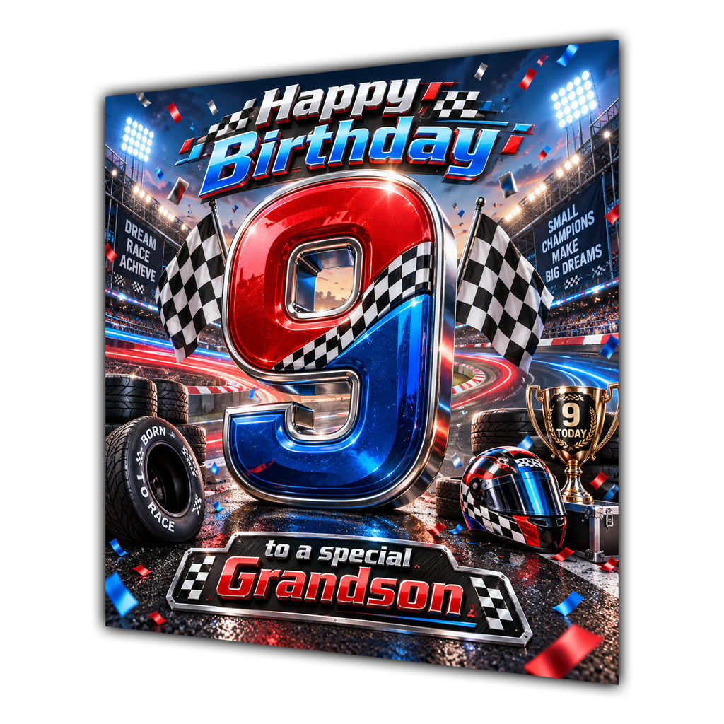 Grandson 9th Birthday Card Racing Cars Chequered Flags