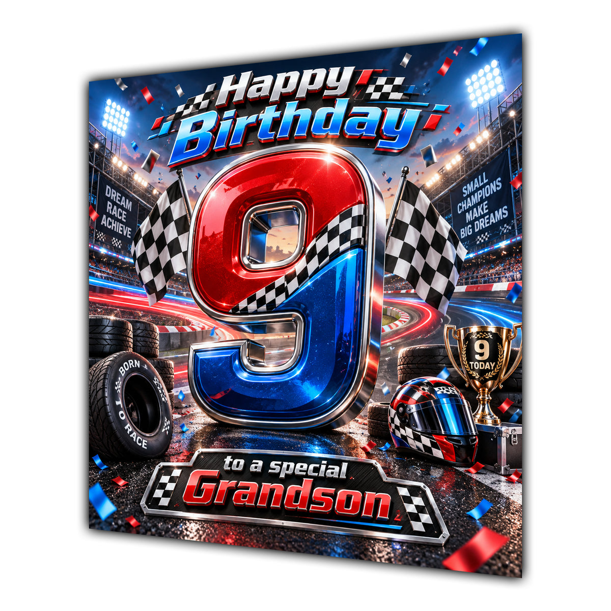 Grandson 9th Birthday Card Racing Cars Chequered Flags