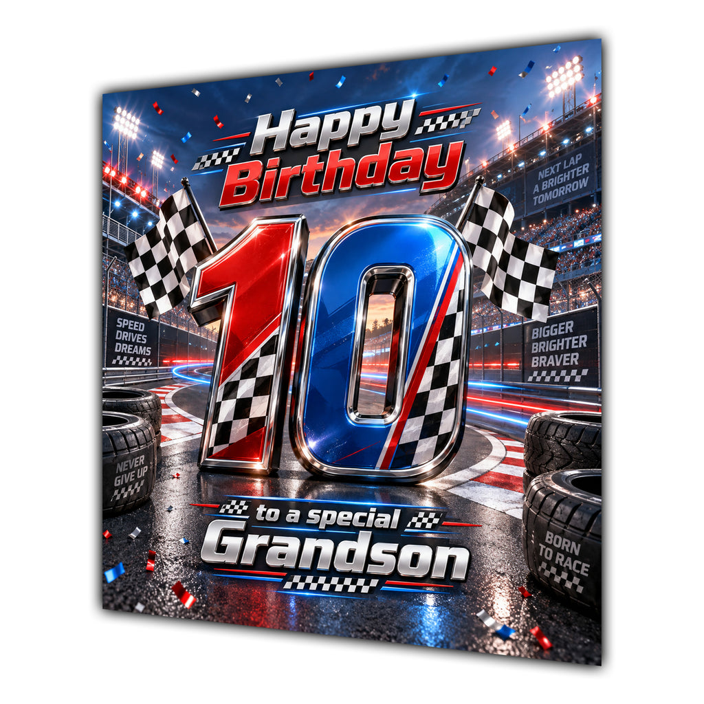 Grandson 10th Birthday Card Racing Cars Chequered Flags