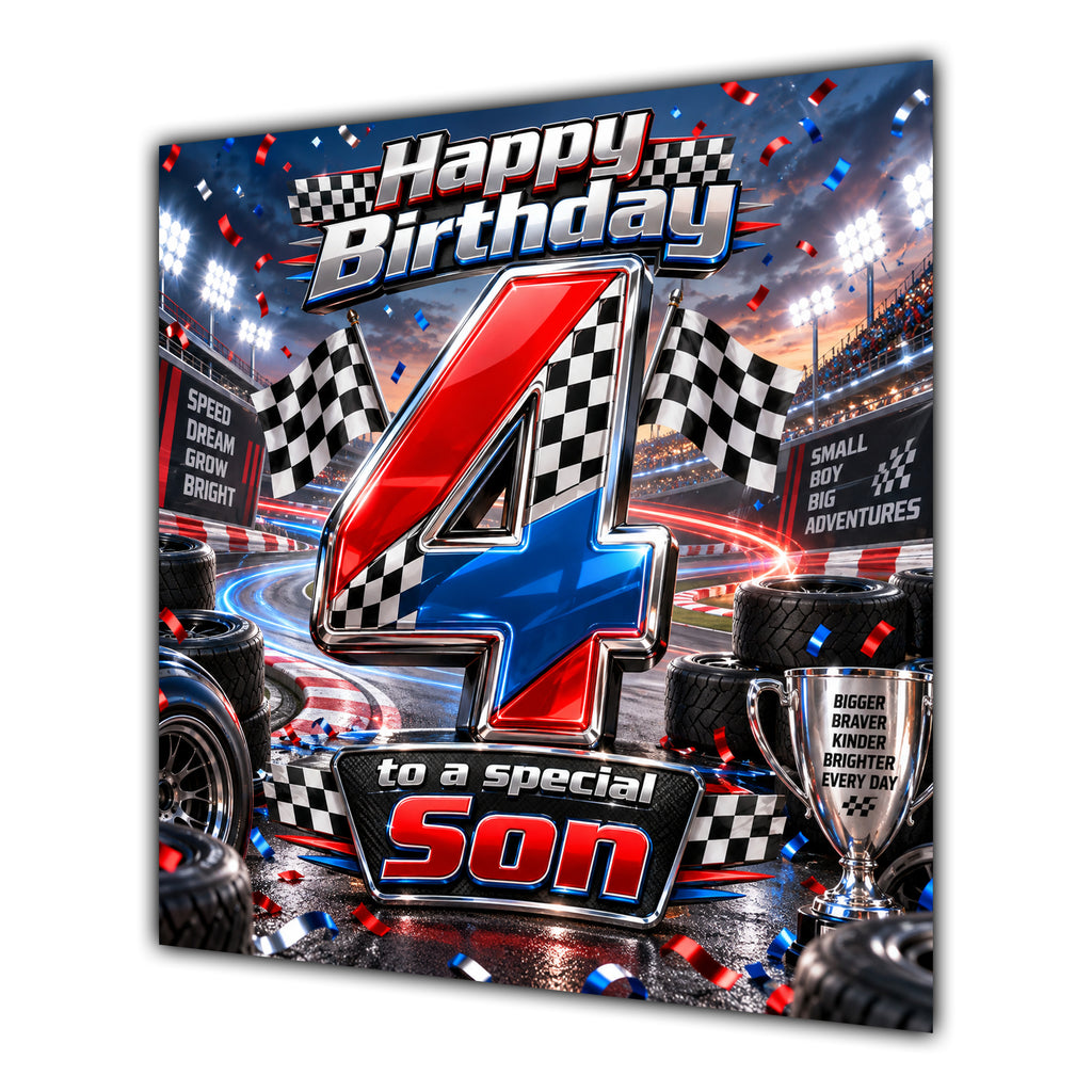 Son 4th Birthday Card Racing Cars Chequered Flags