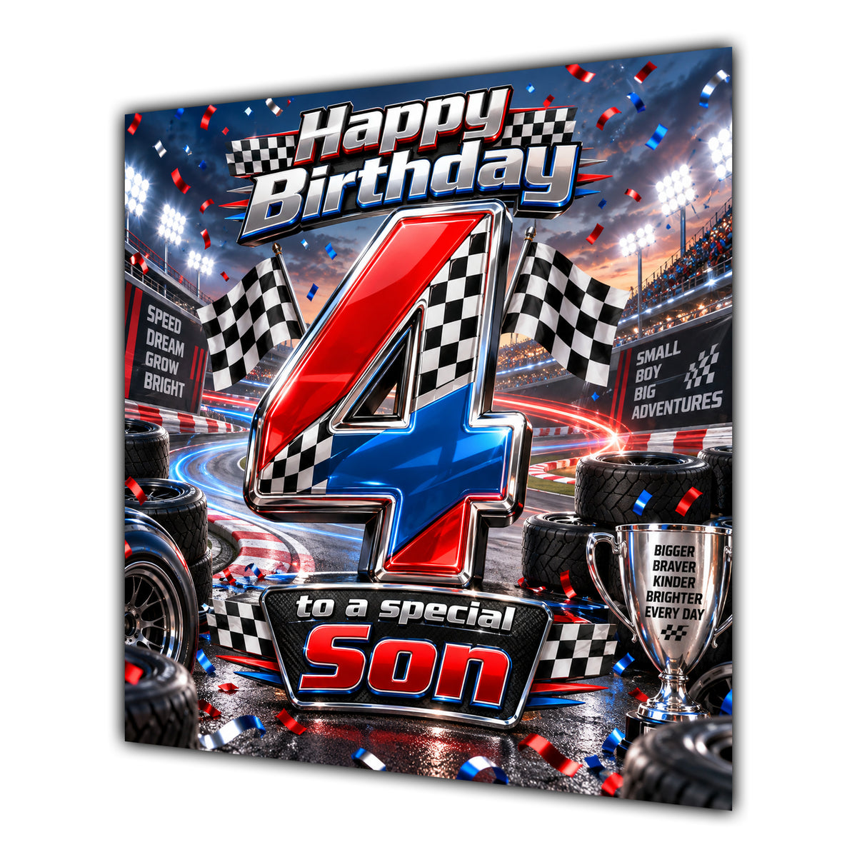 Son 4th Birthday Card Racing Cars Chequered Flags