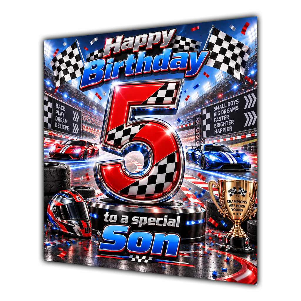 Son 5th Birthday Card Racing Cars Chequered Flags