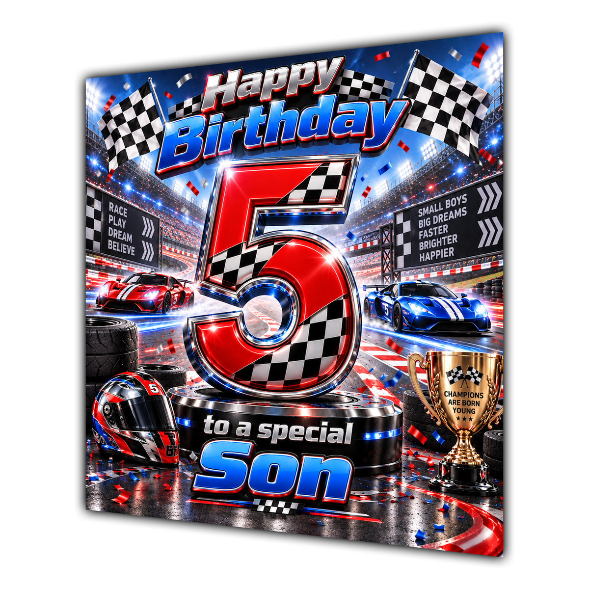 Son 5th Birthday Card Racing Cars Chequered Flags