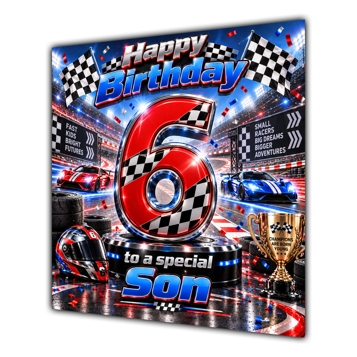 Son 6th Birthday Card Racing Cars Chequered Flags