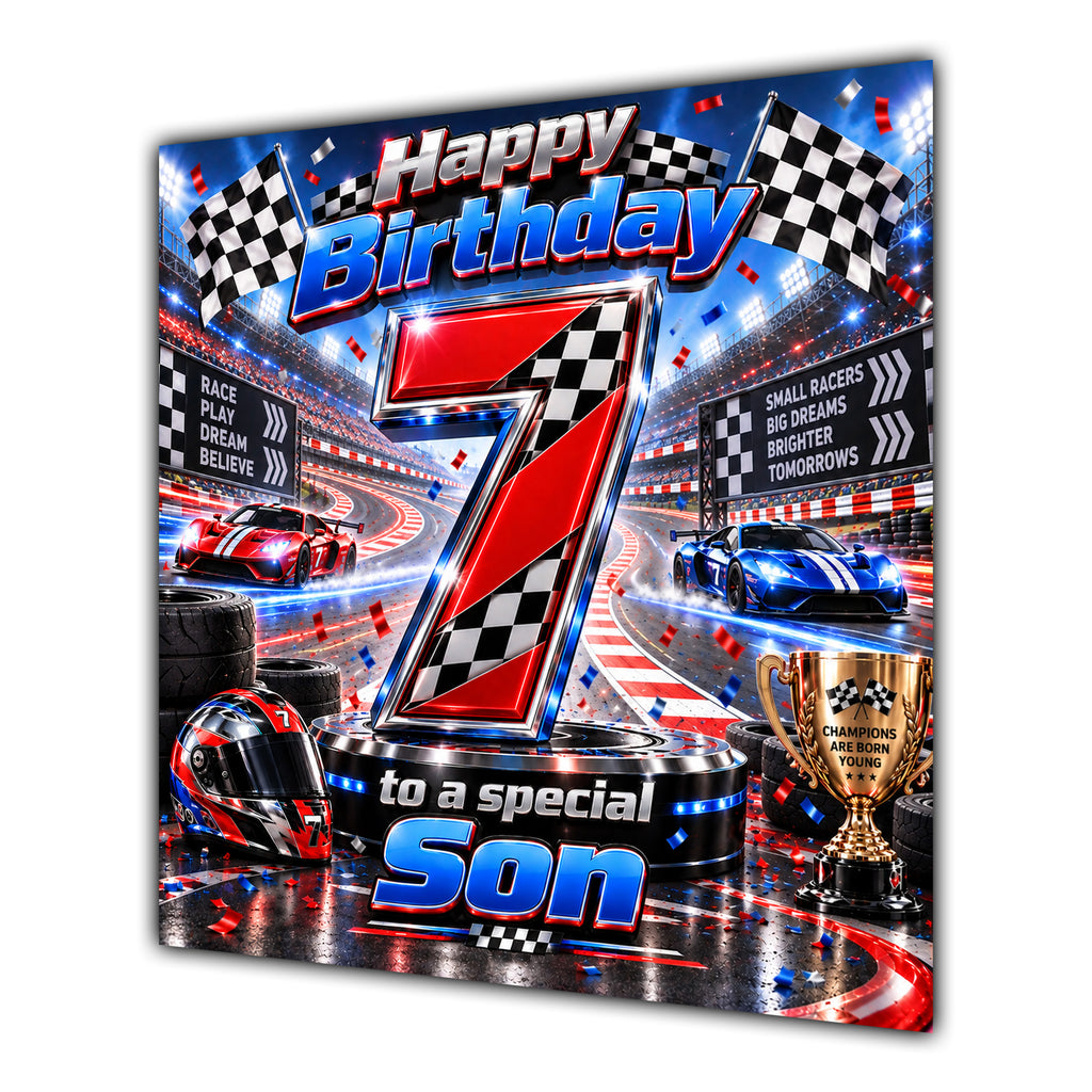 Son 7th Birthday Card Racing Cars Chequered Flags