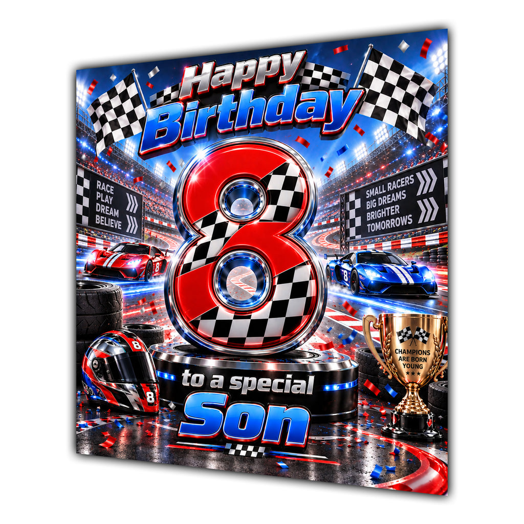 Son 8th Birthday Card Racing Cars Chequered Flags