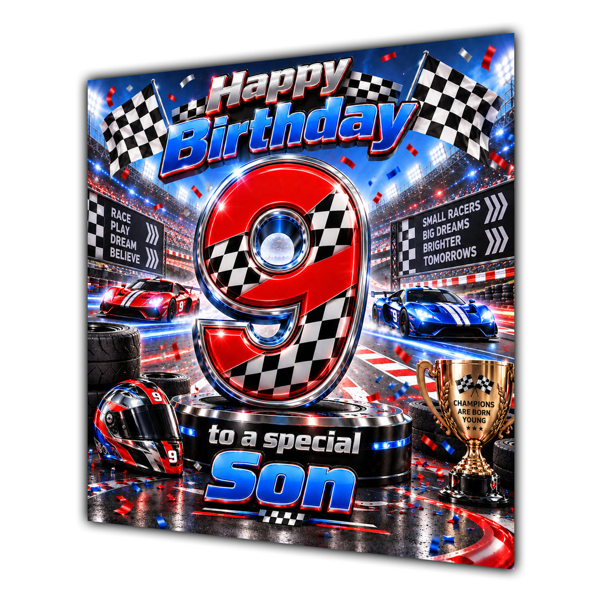 Son 9th Birthday Card Racing Cars Chequered Flags