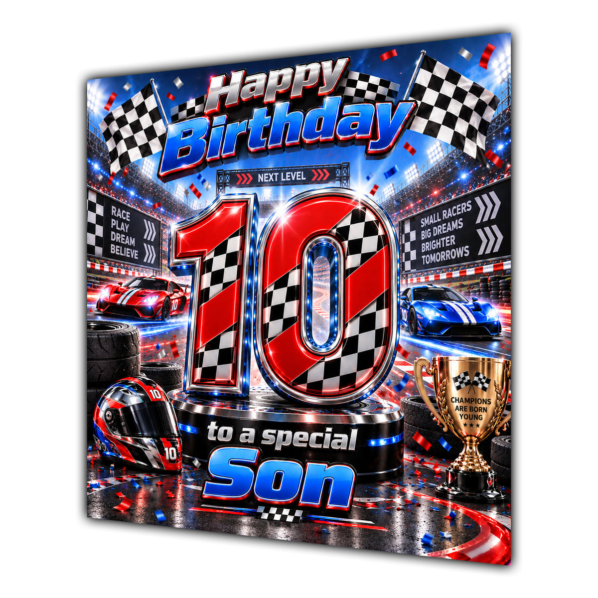 Son 10th Birthday Card Racing Cars Chequered Flags