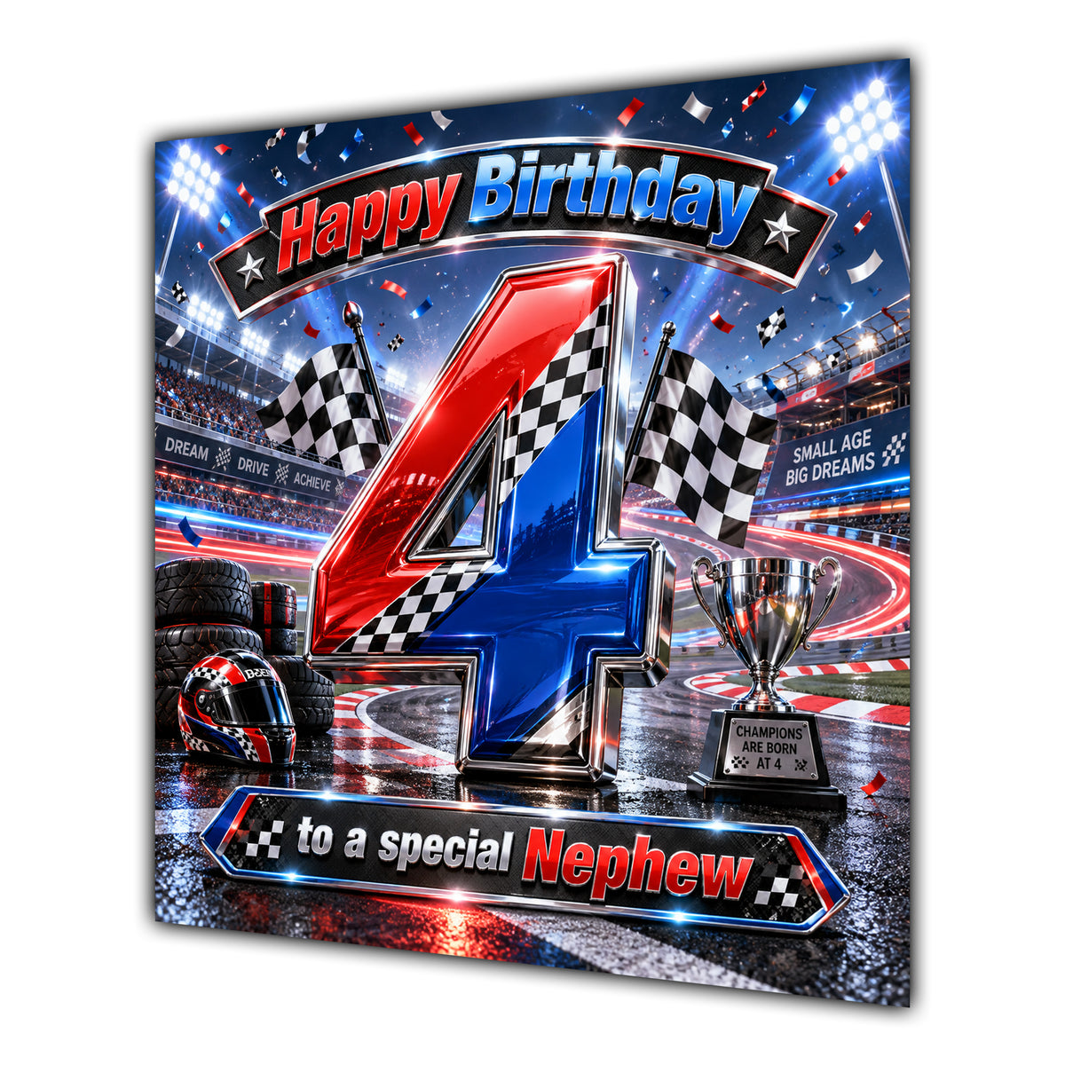 Nephew 4th Birthday Card Racing Cars Chequered Flags