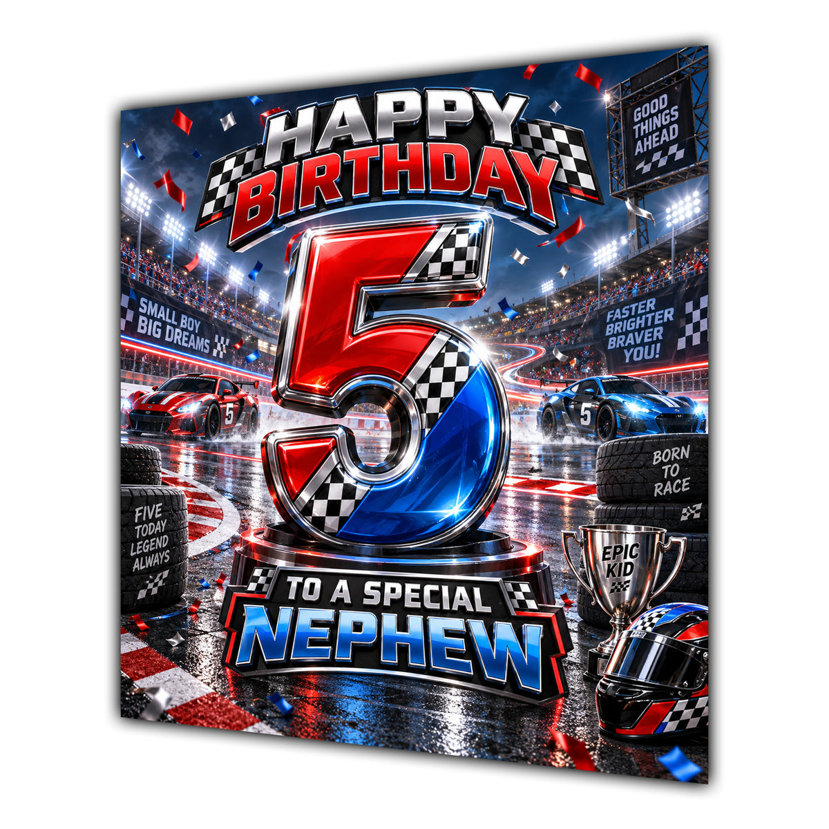 Nephew 5th Birthday Card Racing Cars Chequered Flags