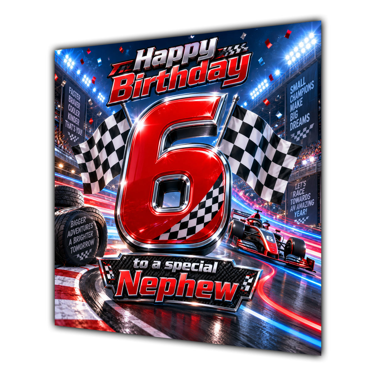 Nephew 6th Birthday Card Racing Cars Chequered Flags