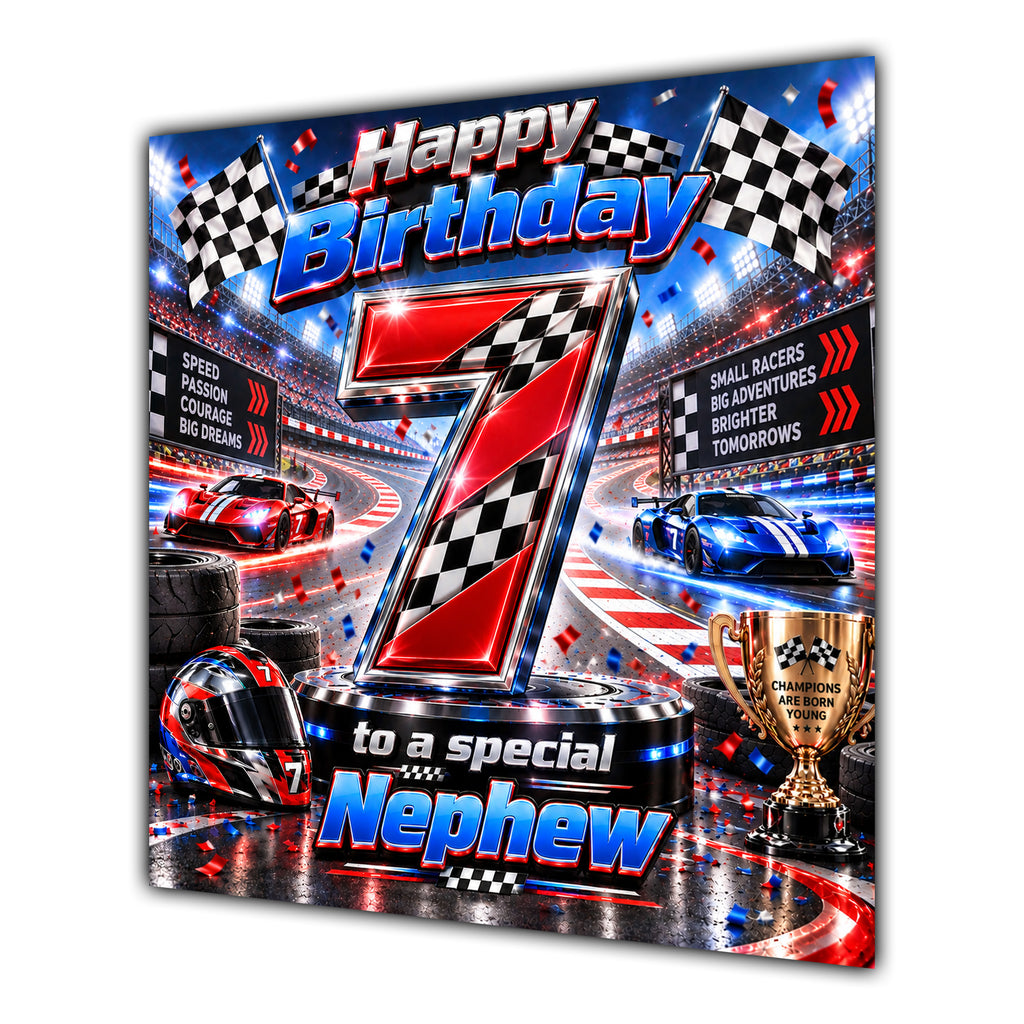 Nephew 7th Birthday Card Racing Cars Chequered Flags