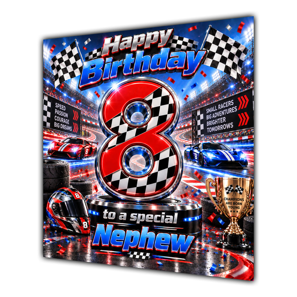 Nephew 8th Birthday Card Racing Cars Chequered Flags
