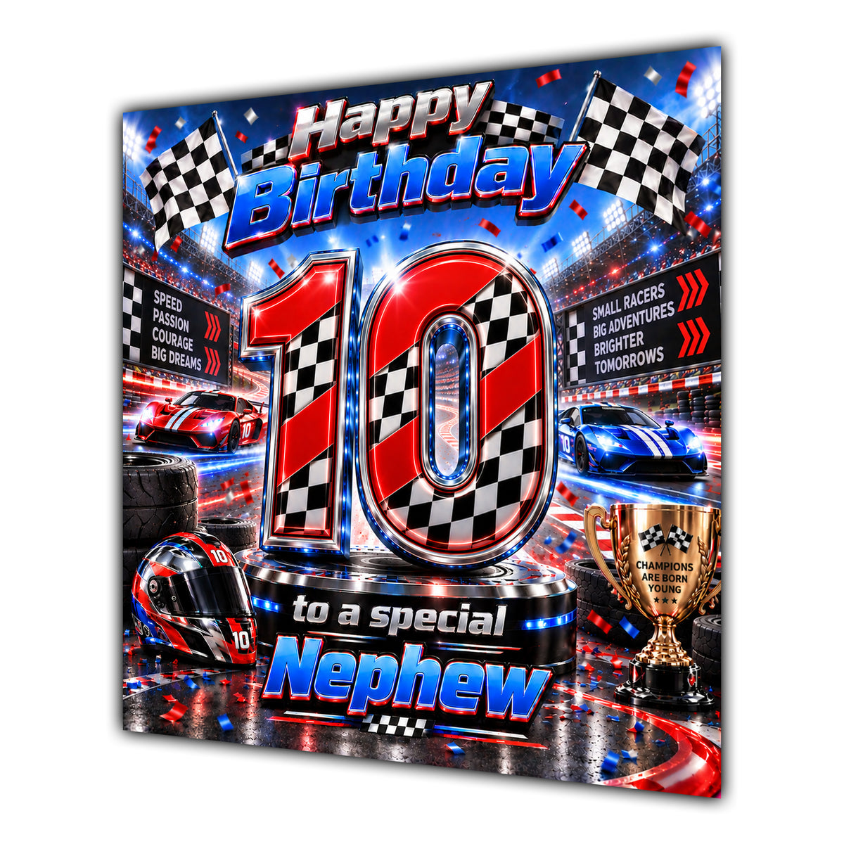 Nephew 10th Birthday Card Racing Cars Chequered Flags