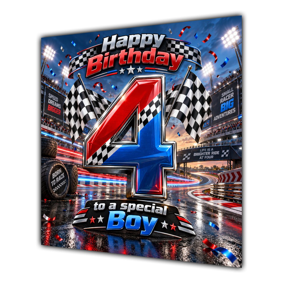 Boy 4th Birthday Card Racing Cars Chequered Flags