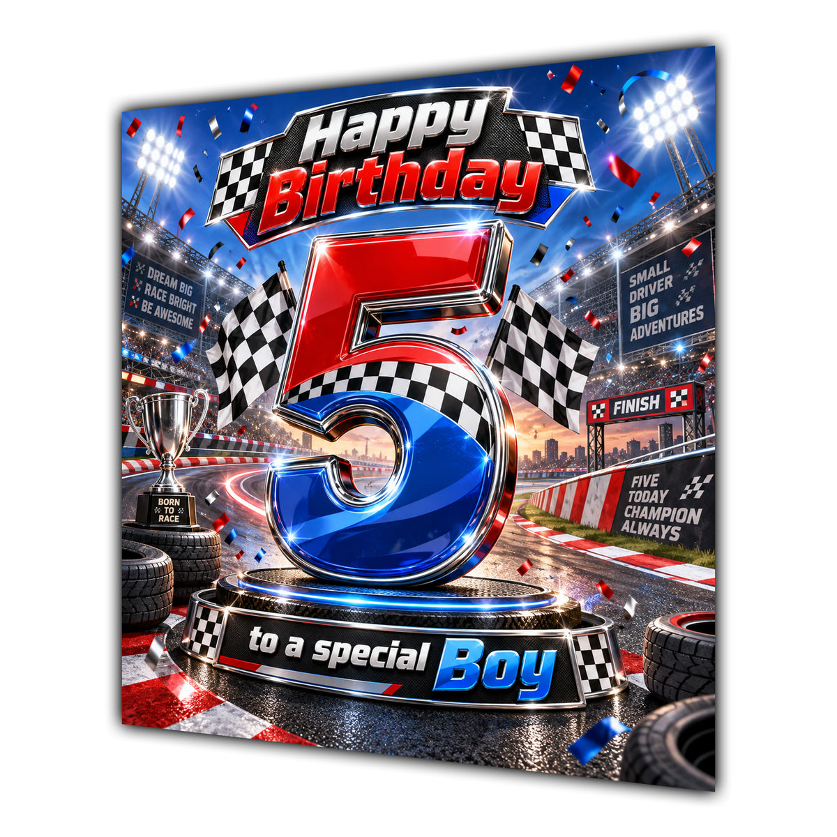 Boy 5th Birthday Card Racing Cars Chequered Flags